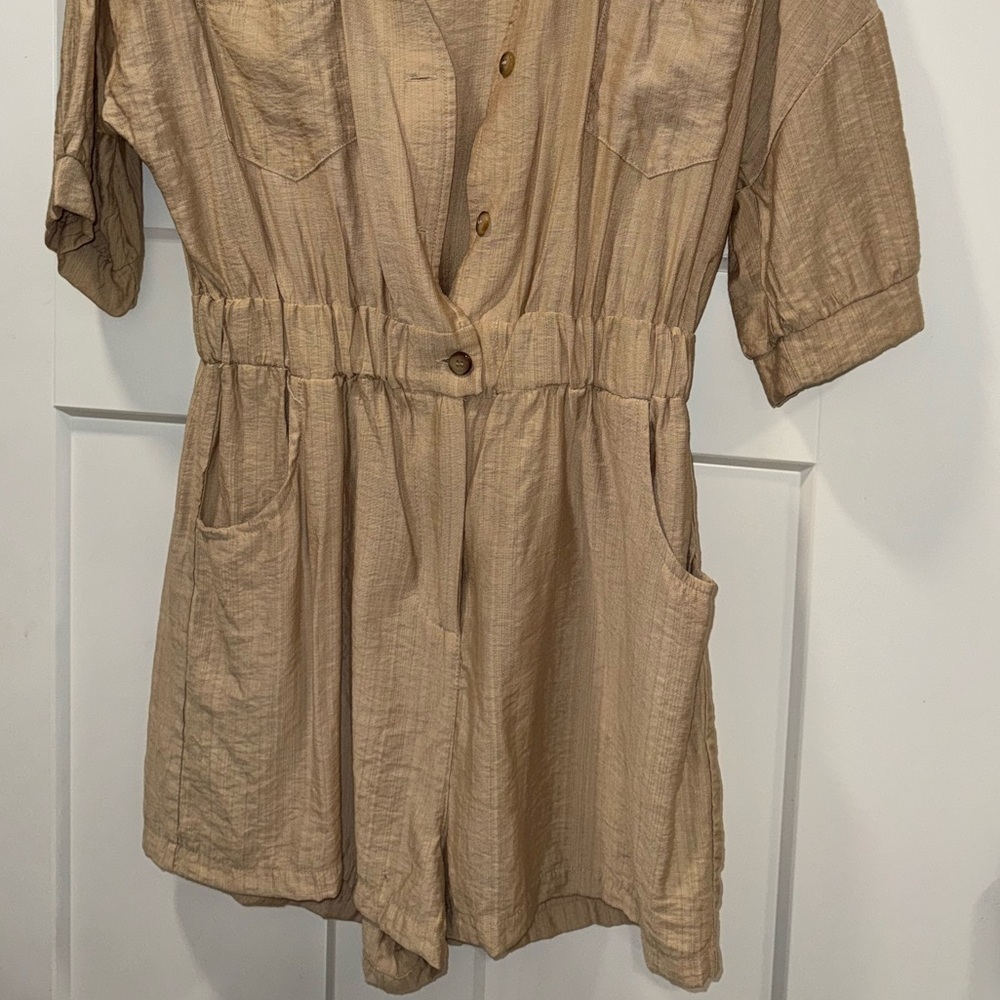 HYFYVE Boutique Tan Button Down Utility Romper - Picture 2 of 3